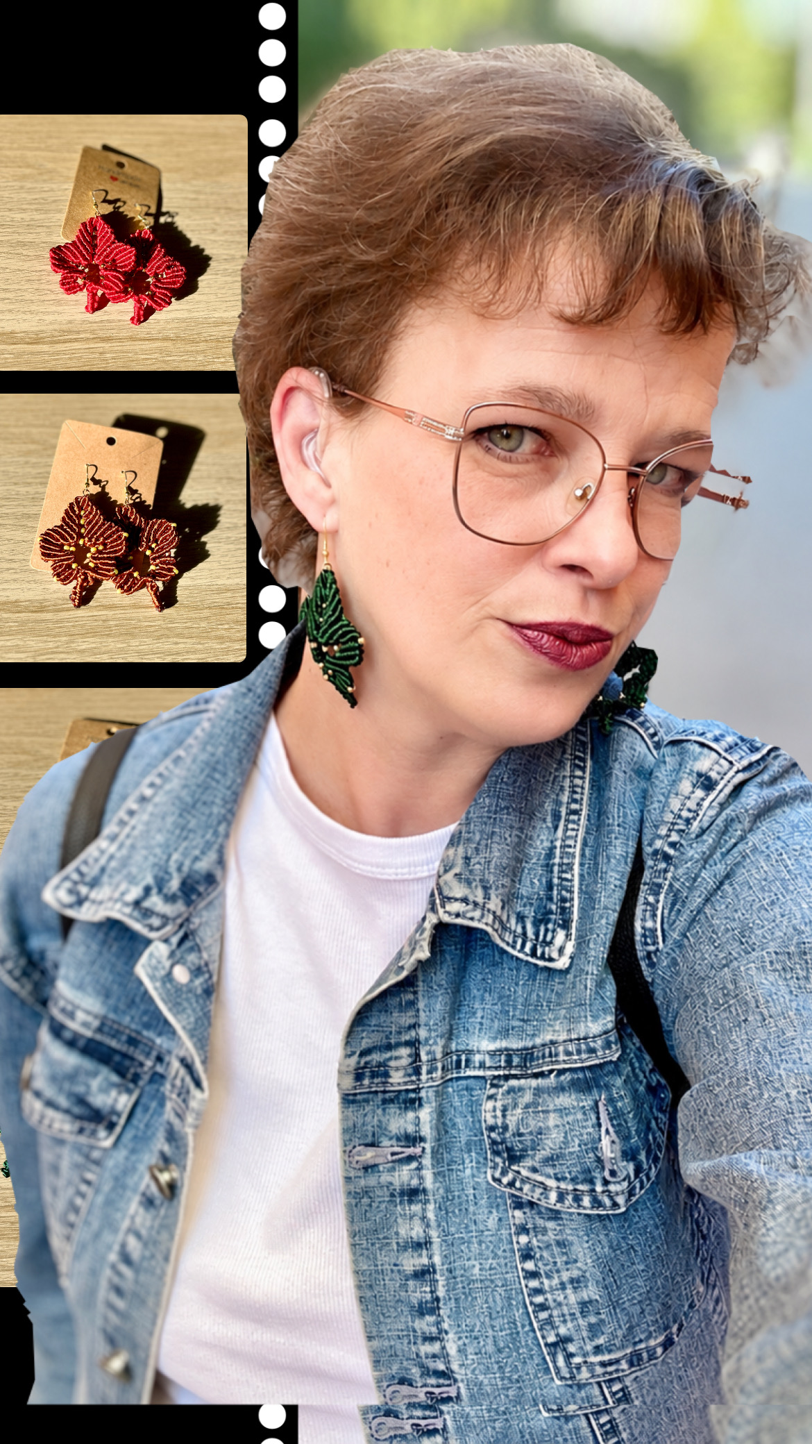 Eva, tvůrkyně Art Evelles, s brýlemi, v džínové bundě a s výraznými náušnicemi.

